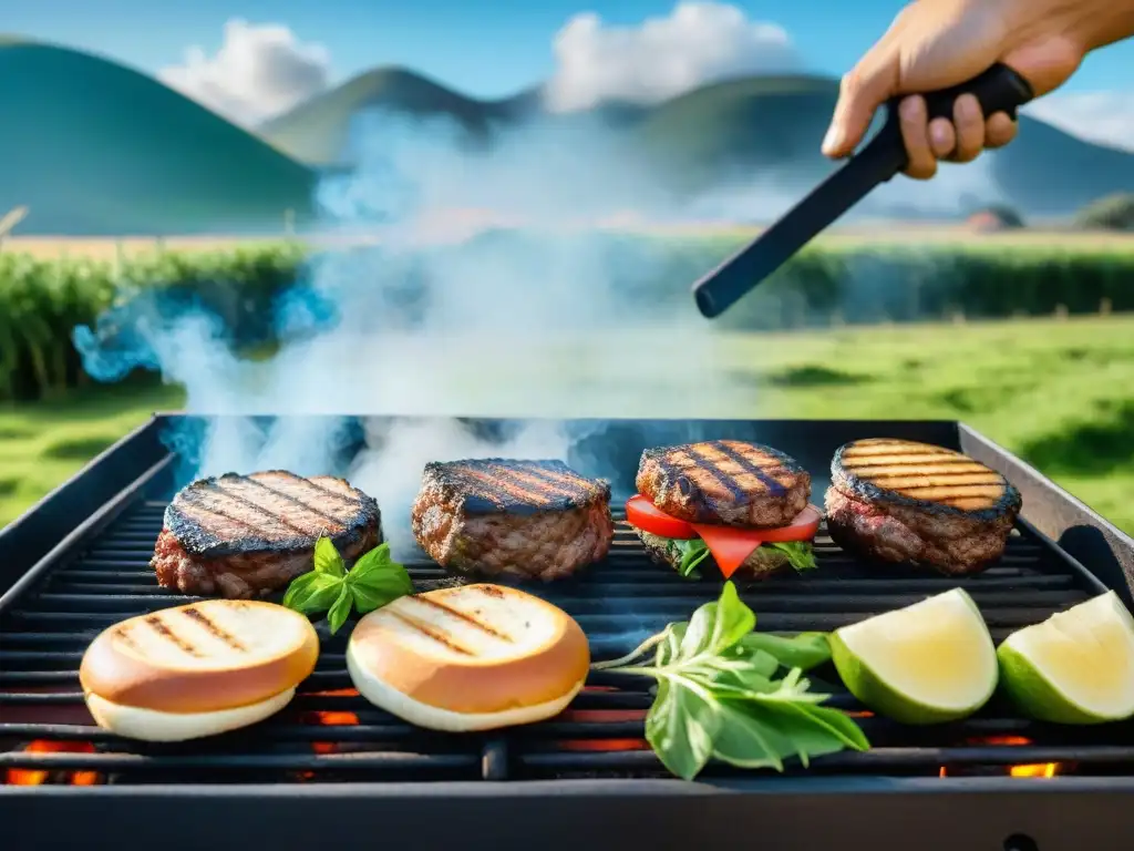 Una escena vibrante de un asado uruguayo al aire libre, con hamburguesas vegetales sizzling en la parrilla mientras un grupo diverso disfruta