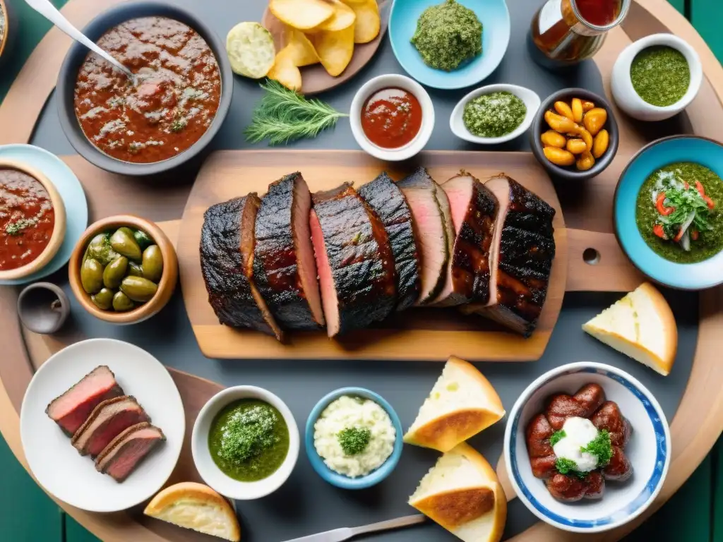 Una escena vibrante de un asado uruguayo tradicional con bebidas fermentadas, amigos y familia disfrutando del festín al aire libre