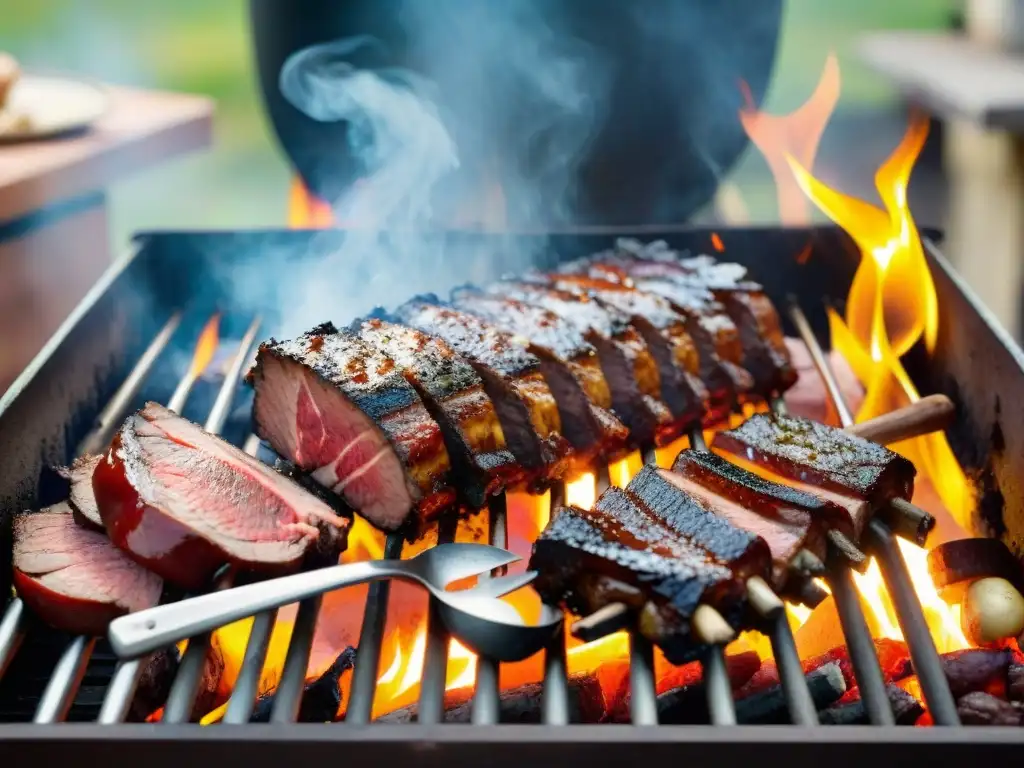 Una escena vibrante de un asado uruguayo estilo montevideano con carnes, chorizos y vegetales cocinando a la perfección en una parrilla al aire libre