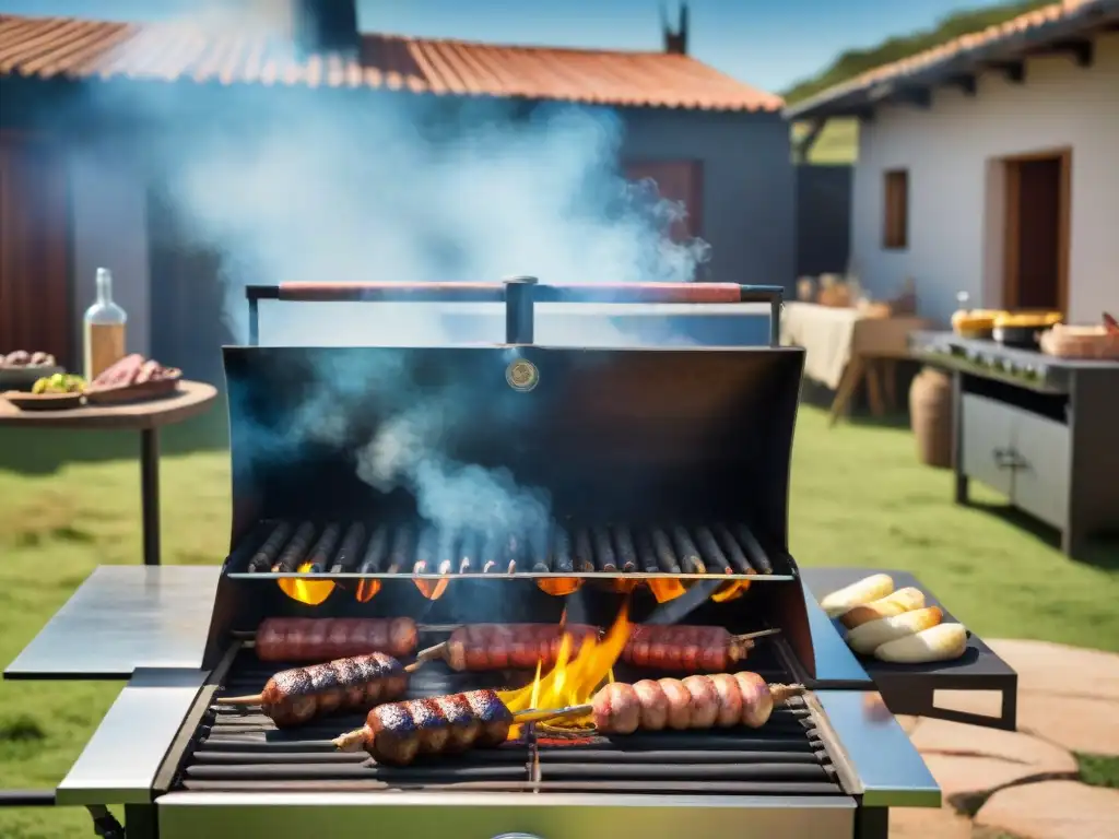 Escena vibrante de asado uruguayo cocinado con energía solar, resaltando lo innovador y sostenible