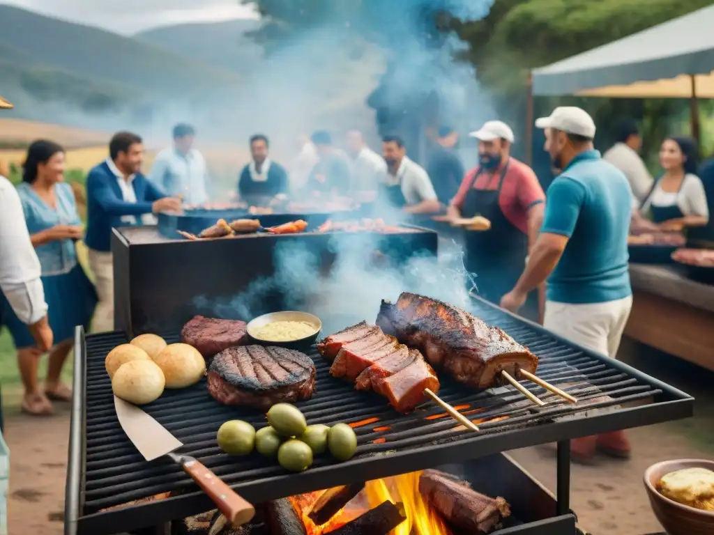 Una escena vibrante de un asado uruguayo en pleno apogeo, rodeado de gente disfrutando