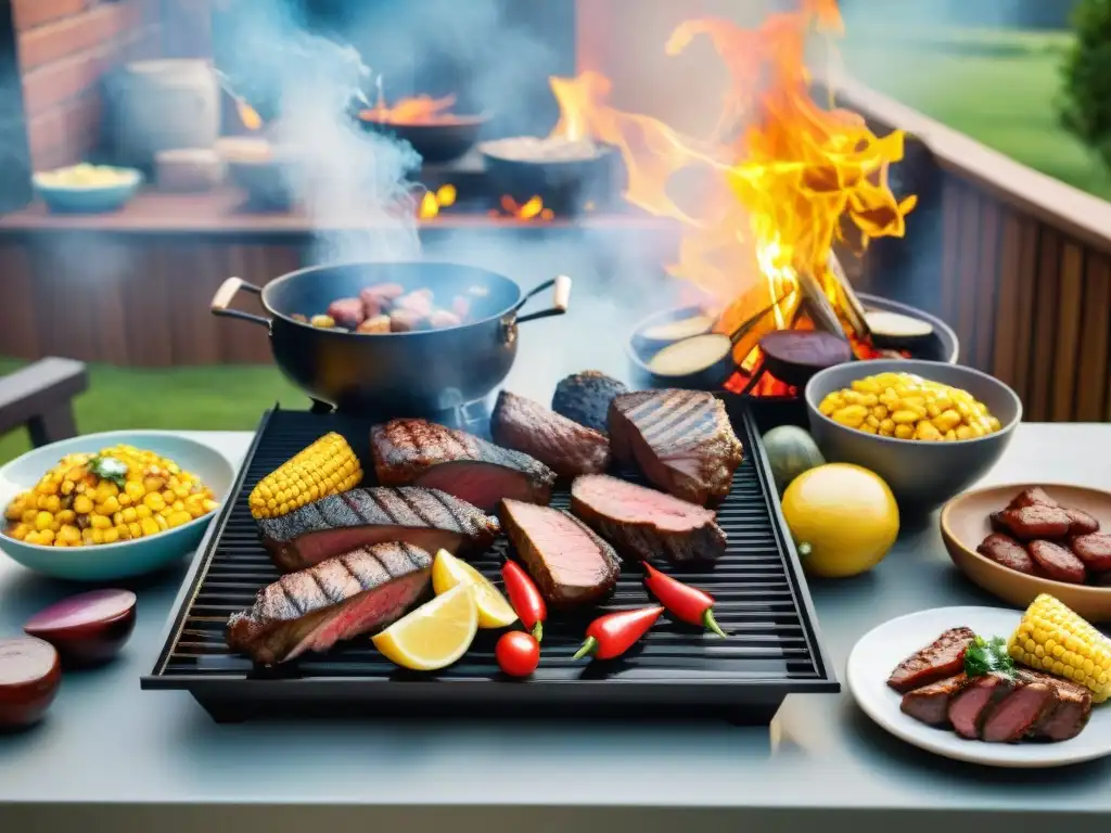 Una escena vibrante de un asado uruguayo con ingredientes latinos en un entorno festivo al aire libre