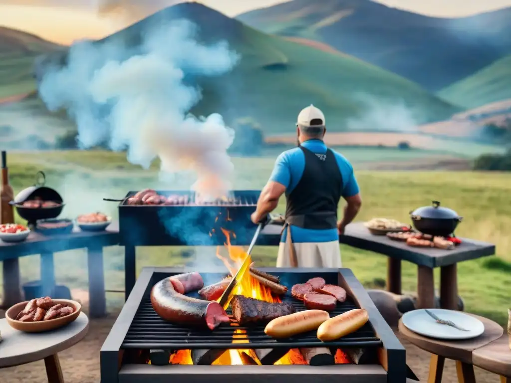 Una escena vibrante de un asado uruguayo tradicional en el campo con fuego y personas disfrutando, ideal para Recetas de asado uruguayo históricas