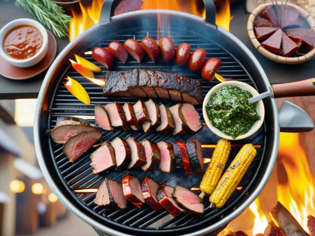 Escena vibrante de un asado uruguayo en festival gastronómico, con parrilla humeante, carnes jugosas y chimichurri colorido