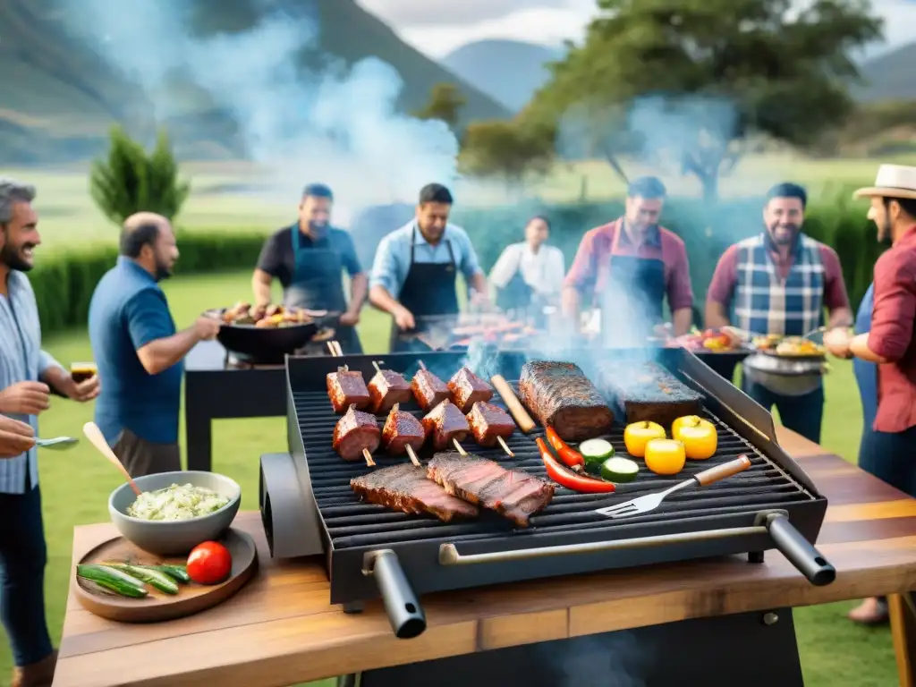 Una escena vibrante de un asado uruguayo tradicional al aire libre en un día soleado