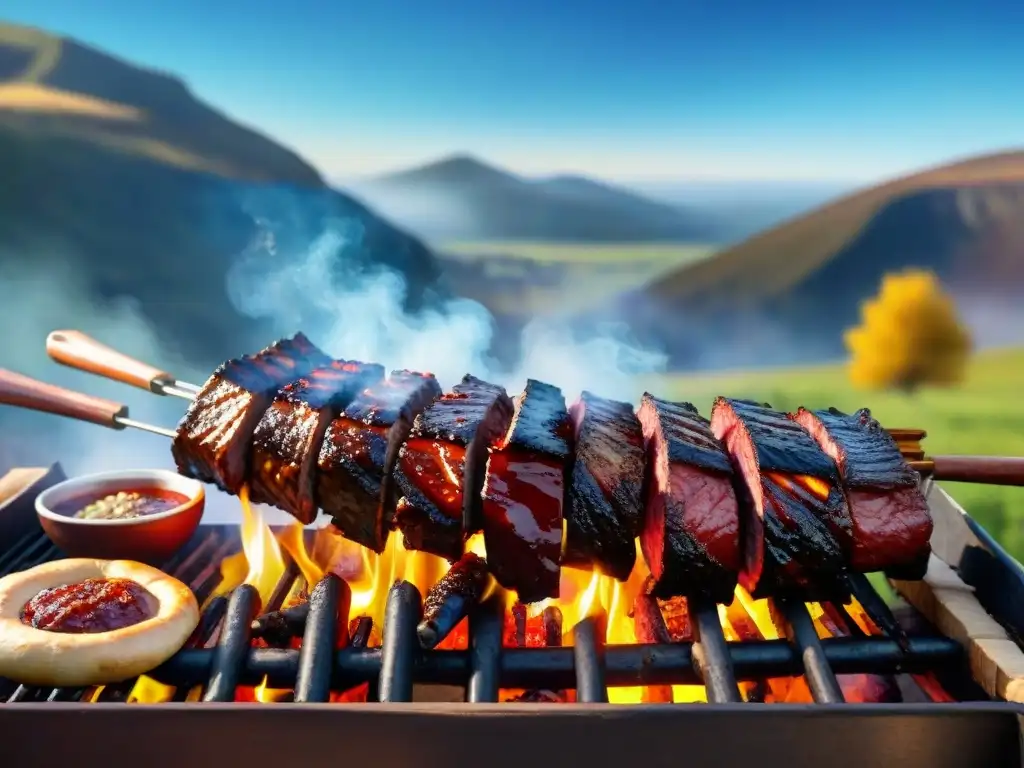 Una escena vibrante del asado uruguayo tradicional con gauchos y carnes a la parrilla bajo un cielo azul