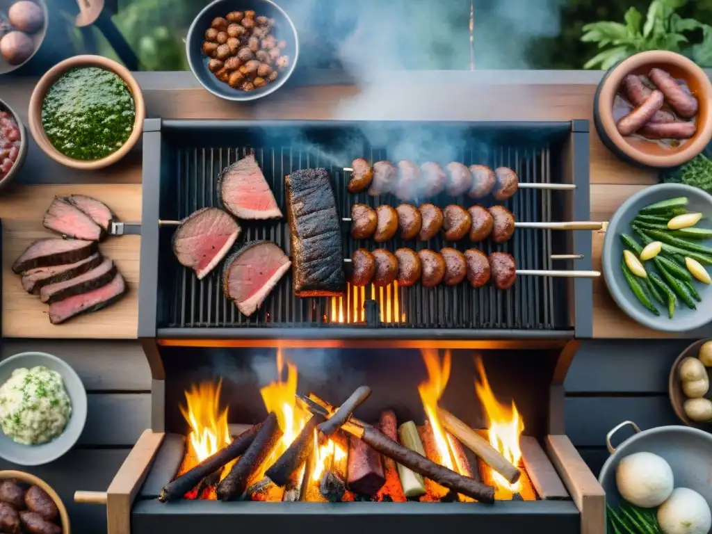 Una escena vibrante de un asado uruguayo tradicional, resaltando las técnicas de asado uruguayo con amigos disfrutando en un entorno rústico