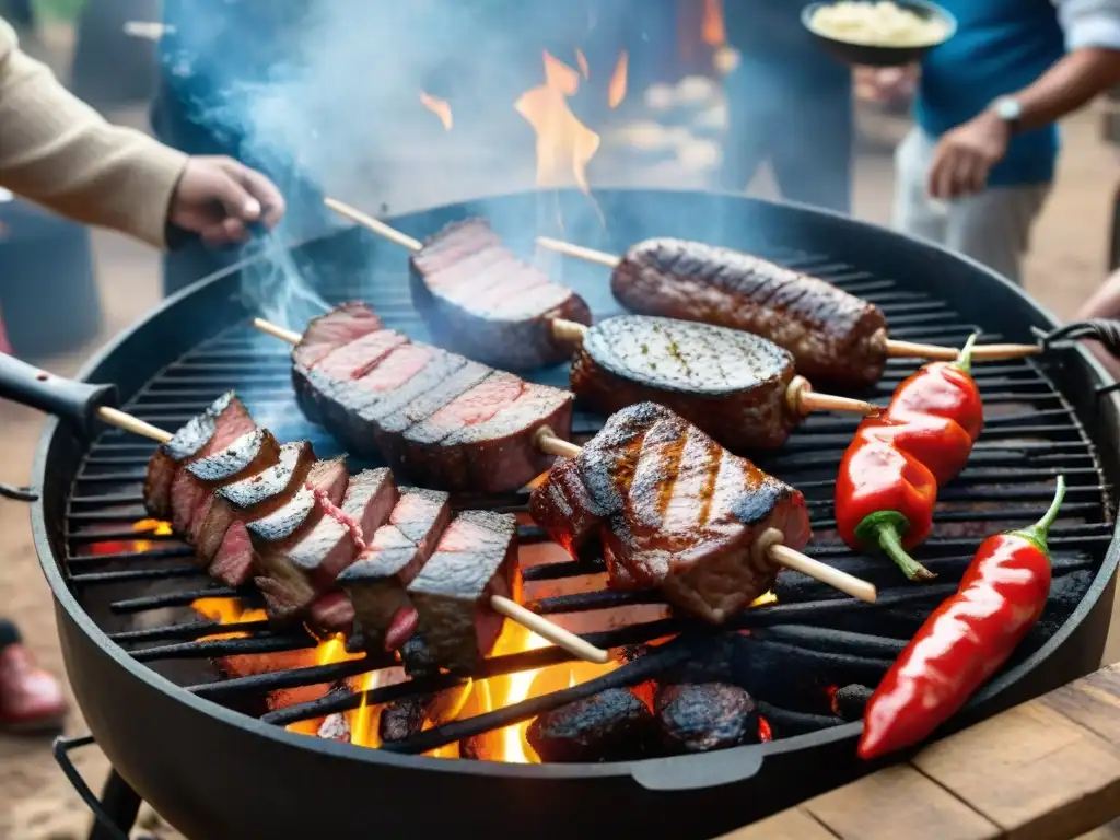 Una escena vibrante de un asado uruguayo tradicional con cortes de carne, chorizos y pimientos rojos asándose sobre brasas