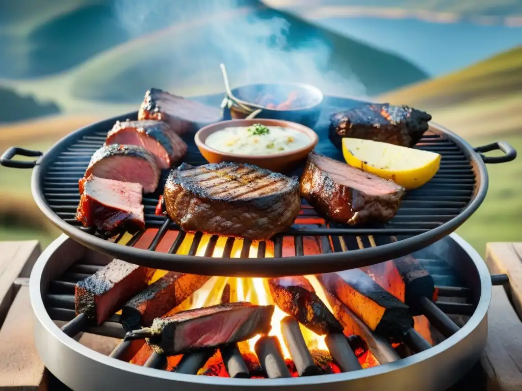 Escena vibrante de un asado uruguayo tradicional cocinándose en una parrilla rústica, con paisaje campestre de fondo