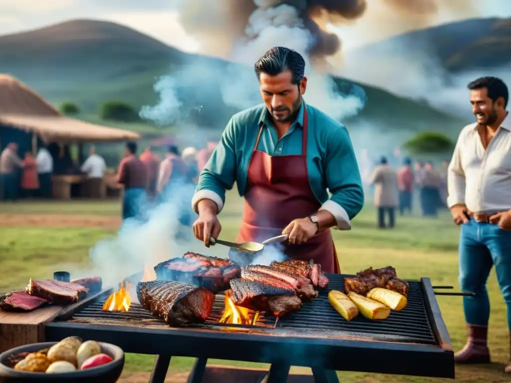 Una escena vibrante de la tradición del asado uruguayo: amigos reunidos alrededor de la parrilla con carne jugosa, en un entorno campestre