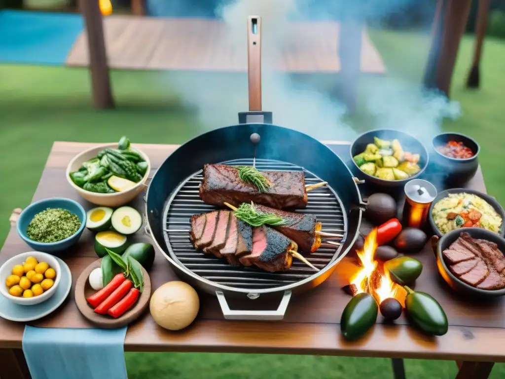 Una escena vibrante de un asado uruguayo tradicional con los mejores cortes, amigos y familia disfrutando bajo el cielo azul