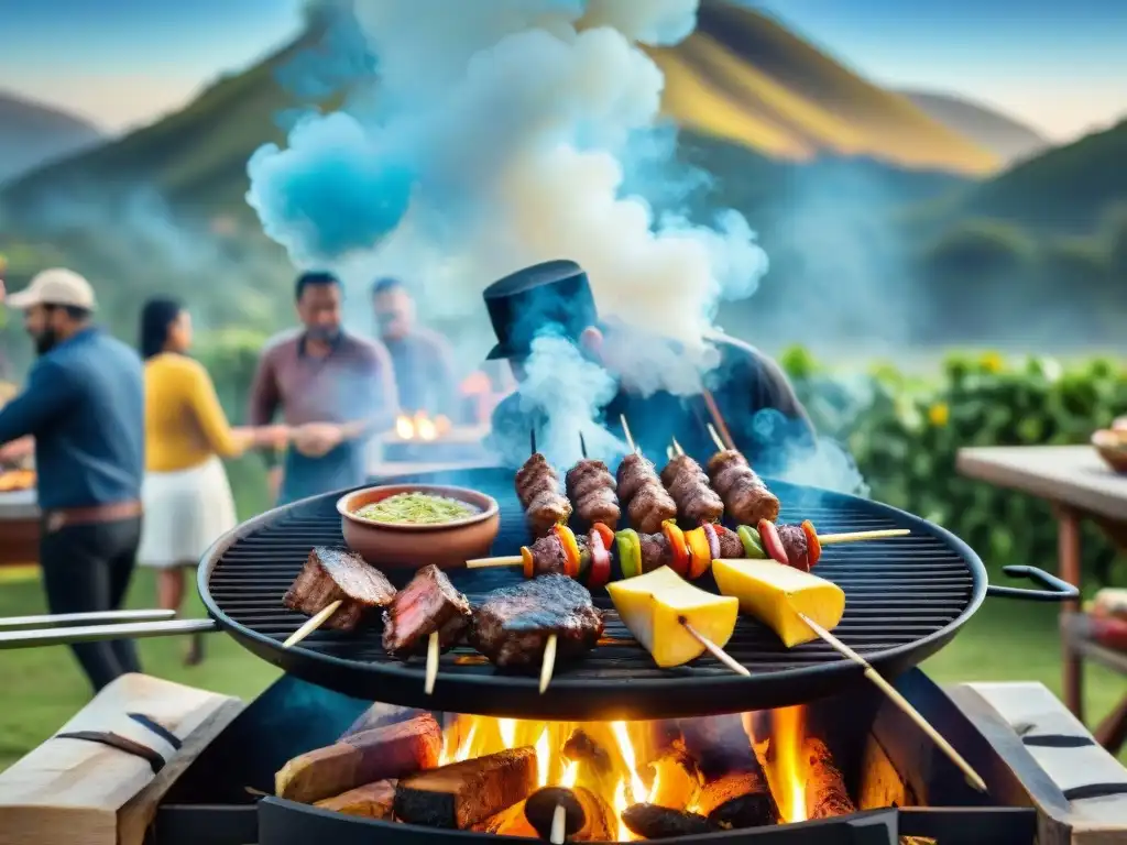 Una escena vibrante de asado uruguayo con recetas alternativas, amigos y familia disfrutando en un entorno pintoresco