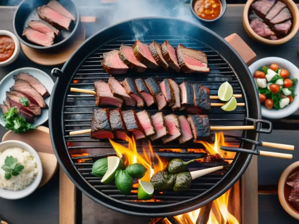 Escena vibrante de un asado uruguayo con los mejores cortes de carne sobre las brasas