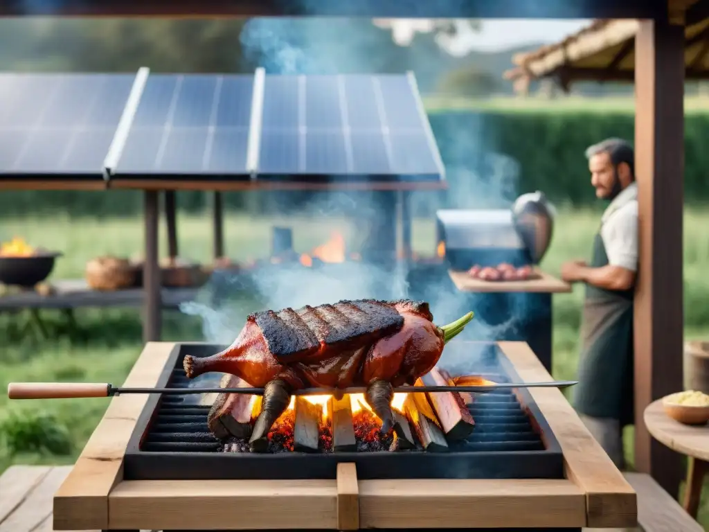 Una escena vibrante de un asado uruguayo tradicional cocinado con energía solar, reflejando una revolución en energías alternativas