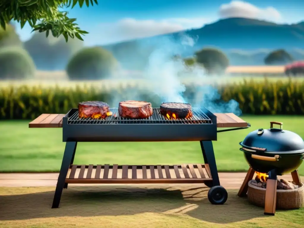 Escena vibrante de asado uruguayo en jardín, con parrilla, carnes y mobiliario rústico bajo cielo azul