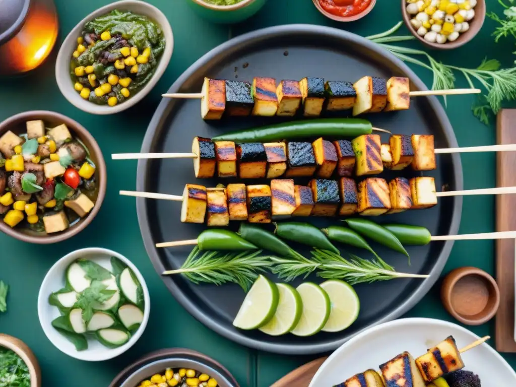 Una escena vibrante de asado vegano al aire libre con amigos disfrutando de deliciosas recetas gastronómicas