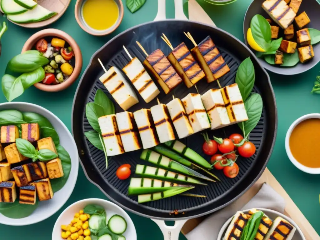 Una escena vibrante de asados innovadores con tofu y tempeh en un patio soleado rodeado de amigos y familia