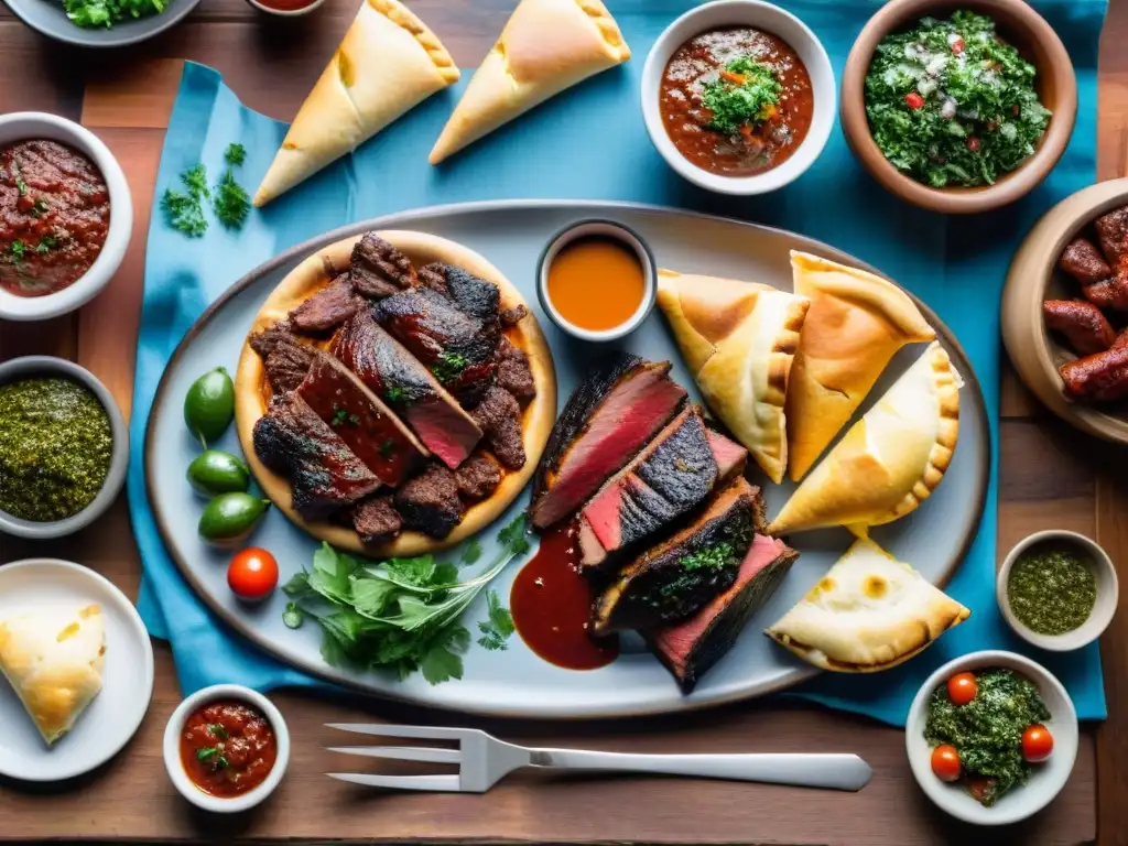 Una escena vibrante de asados uruguayos en una mesa rústica, con carnes sizzling, chimichurri y amigos riendo bajo el sol poniente