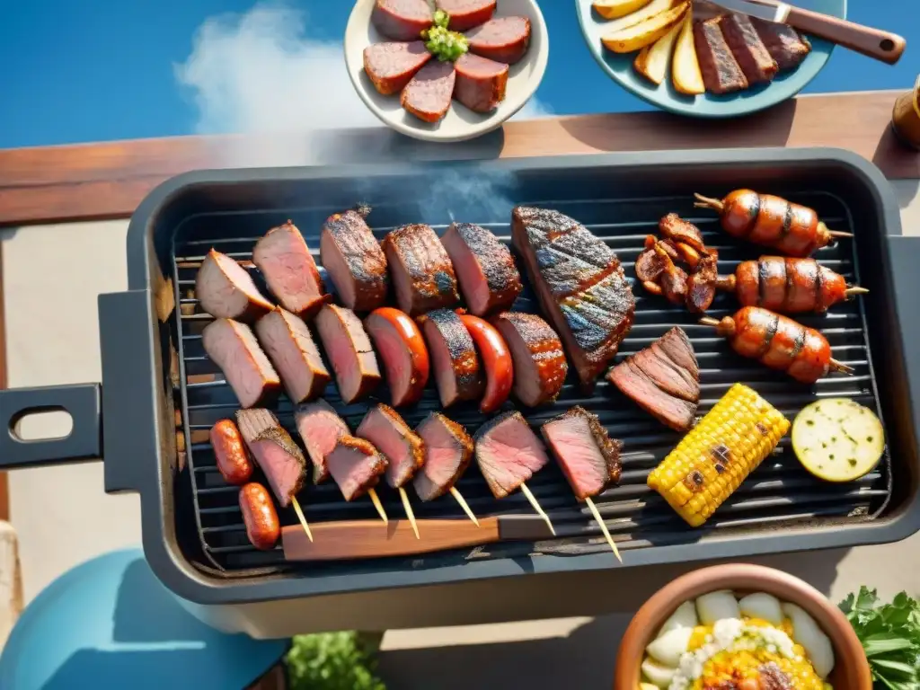 Una escena vibrante de asados uruguayos en parrilla, con cortes jugosos y chorizos crujientes, en un entorno campestre