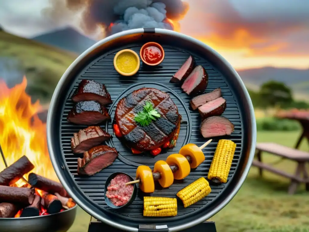 Una escena vibrante y auténtica de un asado uruguayo con salsas, condimentos y gauchos en el campo