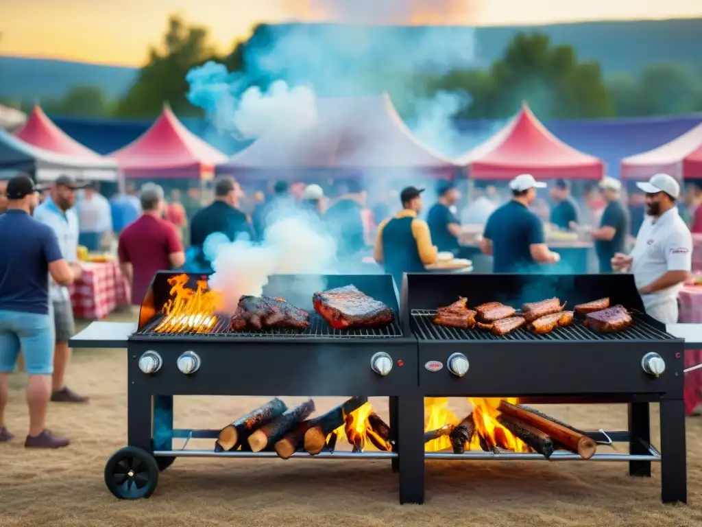 Escena vibrante de competencia de BBQ al aire libre con equipos asando carnes bajo carpas coloridas, rodeados de una multitud diversa