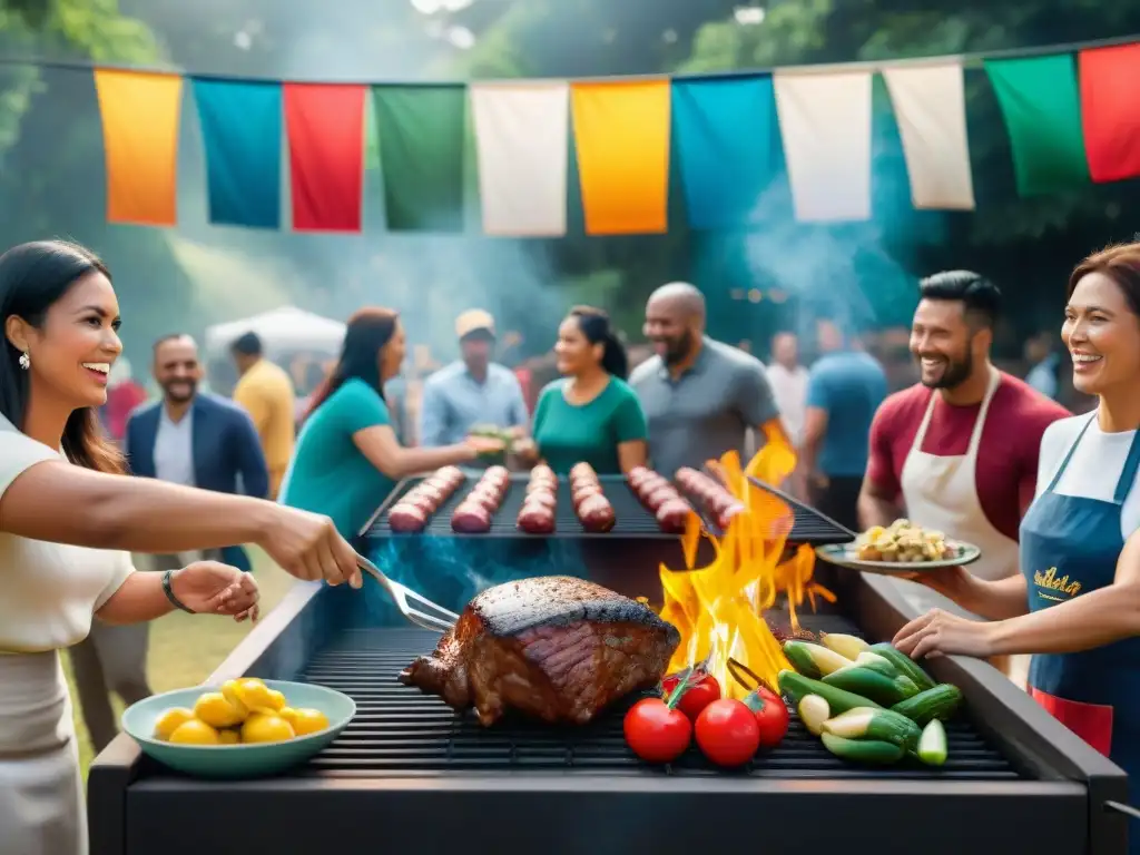 Una escena vibrante de comunidad y solidaridad con un grupo diverso de personas organizando un asado solidario al aire libre