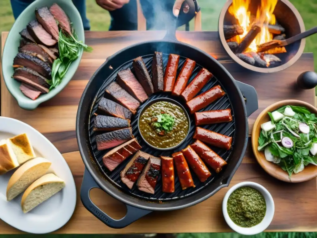 Escena vibrante de la cultura del asado uruguayo tradicional: variedad de carnes a la parrilla, gauchos y paisaje campestre