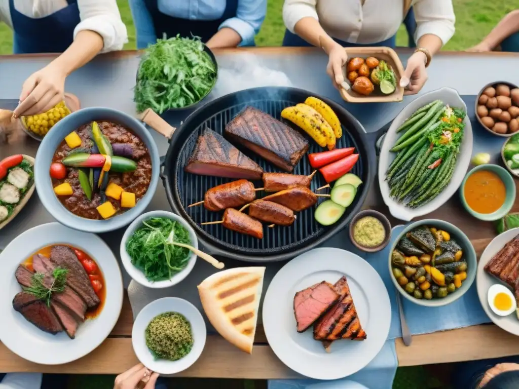 Una escena vibrante de diversidad cultural en asado uruguayo, con personas disfrutando comida y risas en armonía