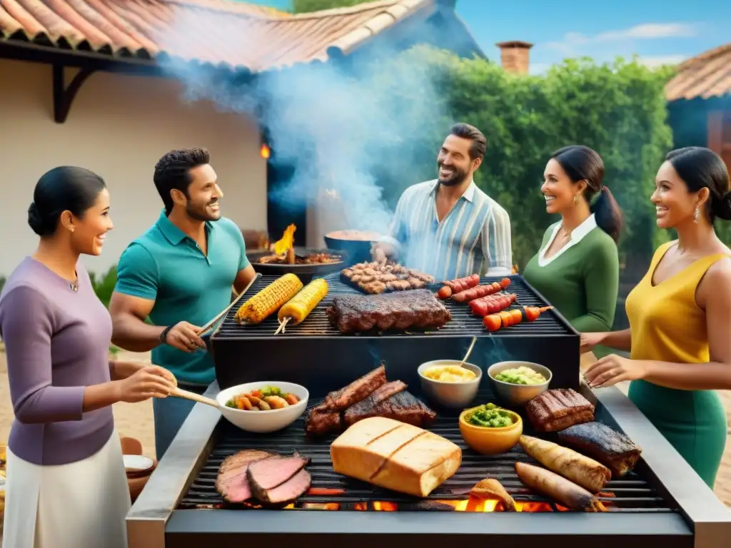 Una escena vibrante de diversidad y unión alrededor de una parrilla uruguaya, con influencia africana en el asado