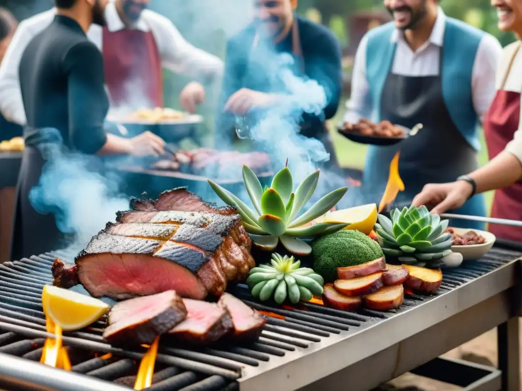 Una escena vibrante de un evento de barbacoa al aire libre en Uruguay, con asado y personas riendo