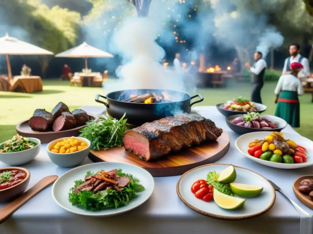 Una escena vibrante de un evento alrededor del asado uruguayo con una mesa repleta de comida, amigos y familia bajo un árbol frondoso