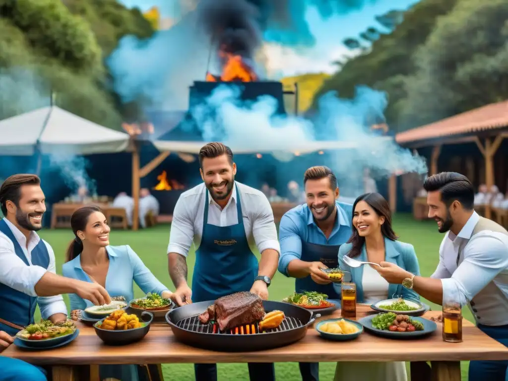 Escena vibrante de un evento de asado uruguayo empresarial al aire libre, con profesionales en traje disfrutando de la comida y la camaradería