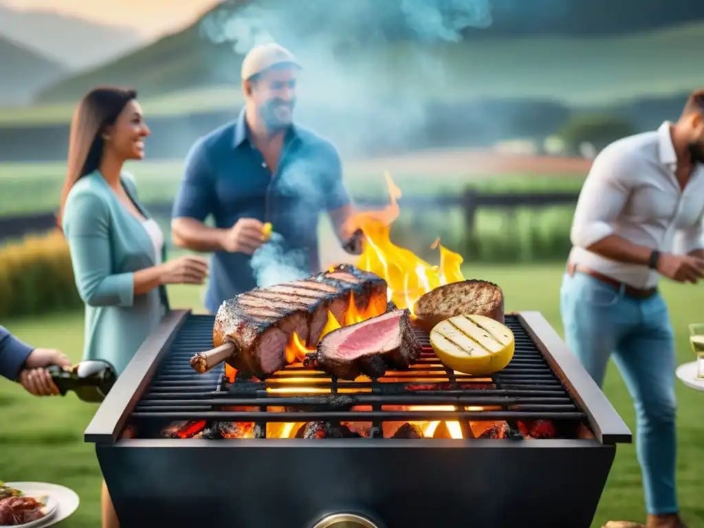 Una escena vibrante de un evento de asado al aire libre en Uruguay, con una gran parrilla tradicional sizzling y personas disfrutando