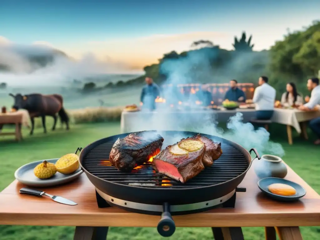 Una escena vibrante de un evento alrededor del asado uruguayo: gente disfrutando de la comida y la compañía en un entorno natural y acogedor