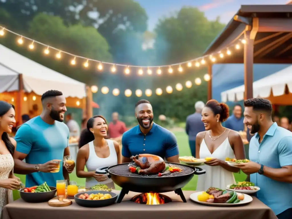 Una escena vibrante de un evento de BBQ al aire libre con diversidad de gente disfrutando la comida