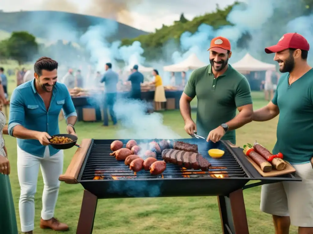 Una escena vibrante de un evento comunitario de asado en Uruguay con gente diversa disfrutando de comida deliciosa en un parque pintoresco