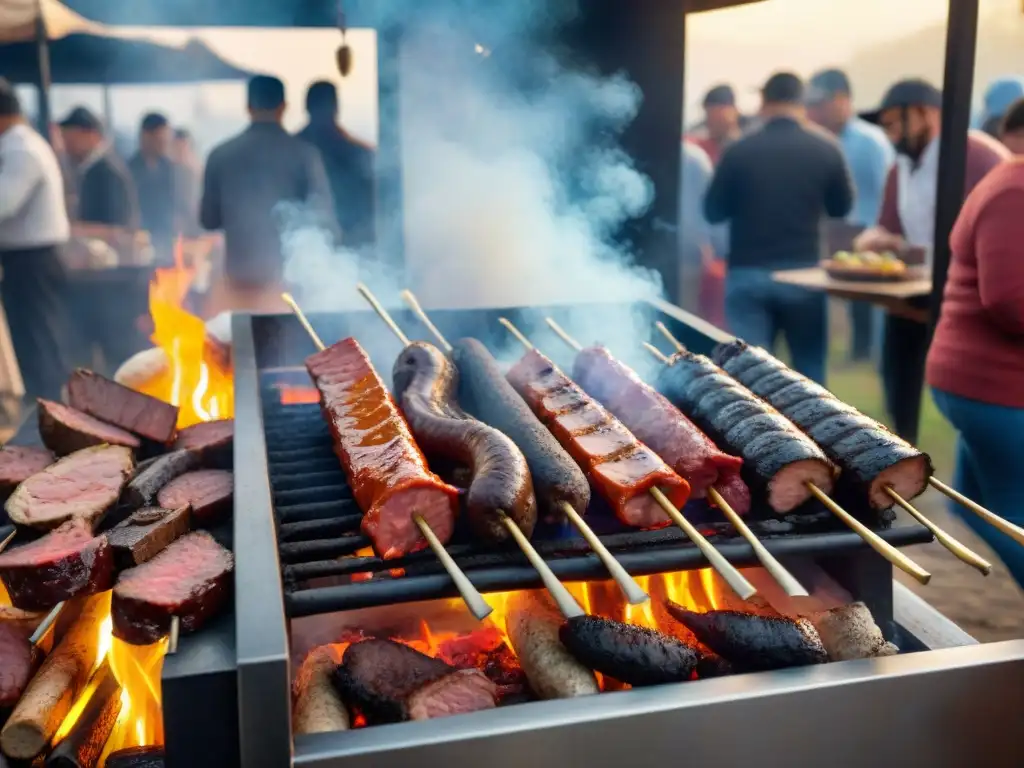 Una escena vibrante de un festival de asado uruguayo con gran riqueza gastronómica, gente animada y humeante parrilla al aire libre