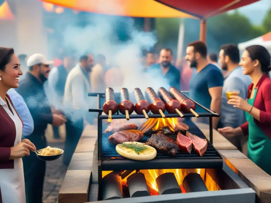 Escena vibrante en festival de asado uruguayo: parrilla sizzling, gente conversando y risas, aroma a barbacoa y atardecer dorado