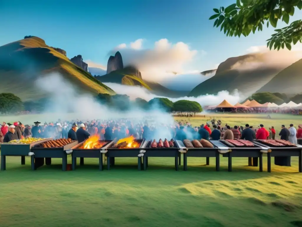 Escena vibrante de un festival de asado uruguayo en el campo