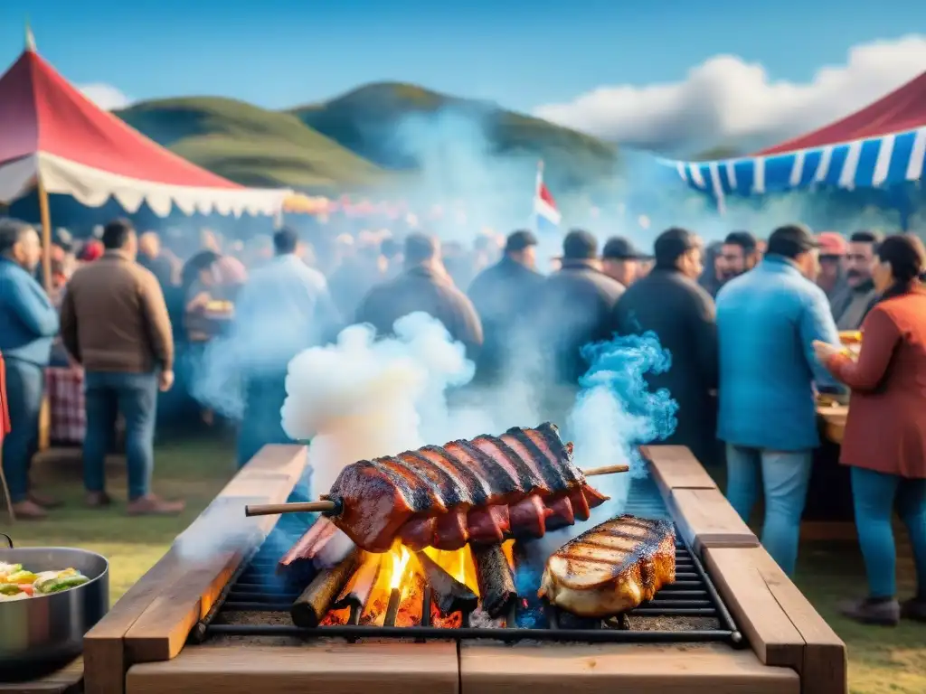 Una escena vibrante de un festival tradicional uruguayo de asado, con una multitud disfrutando de la comida y el ambiente festivo bajo el cielo azul