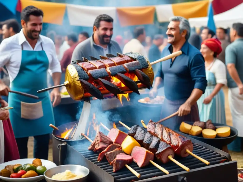 Una escena vibrante de festivales de asado en Uruguay: parrilla repleta de carne, gente disfrutando al aire libre al atardecer