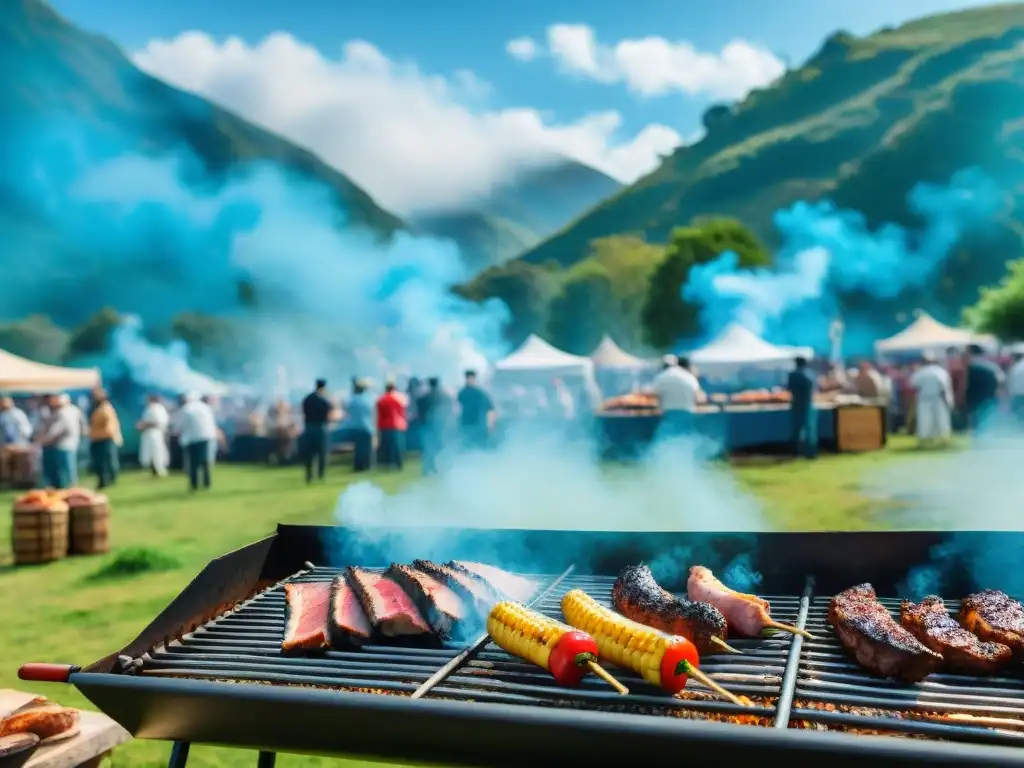 Escena vibrante de Festivales de asado al aire libre en Uruguay: parrillas, carne, vegetación y alegría festiva