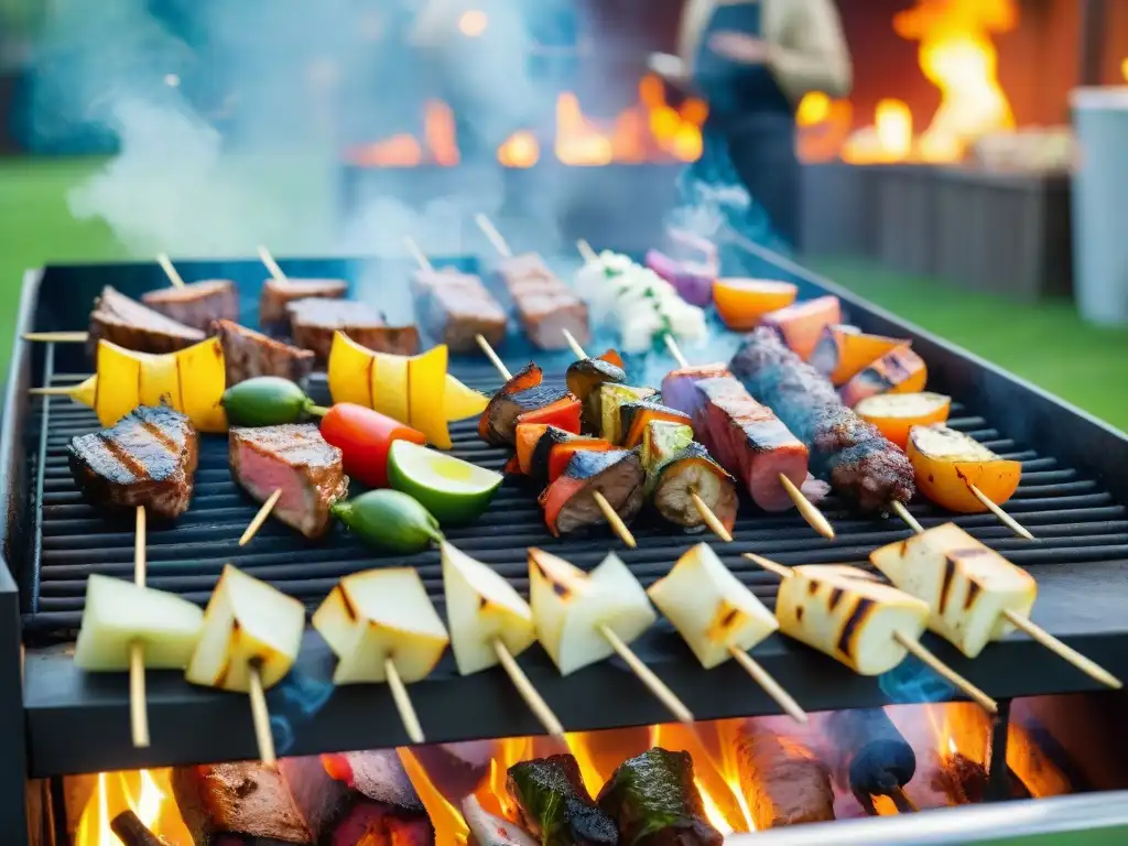 Una escena vibrante de barbacoa gourmet al aire libre, con recetas asado gourmet parrilla creativa en un ambiente festivo y acogedor