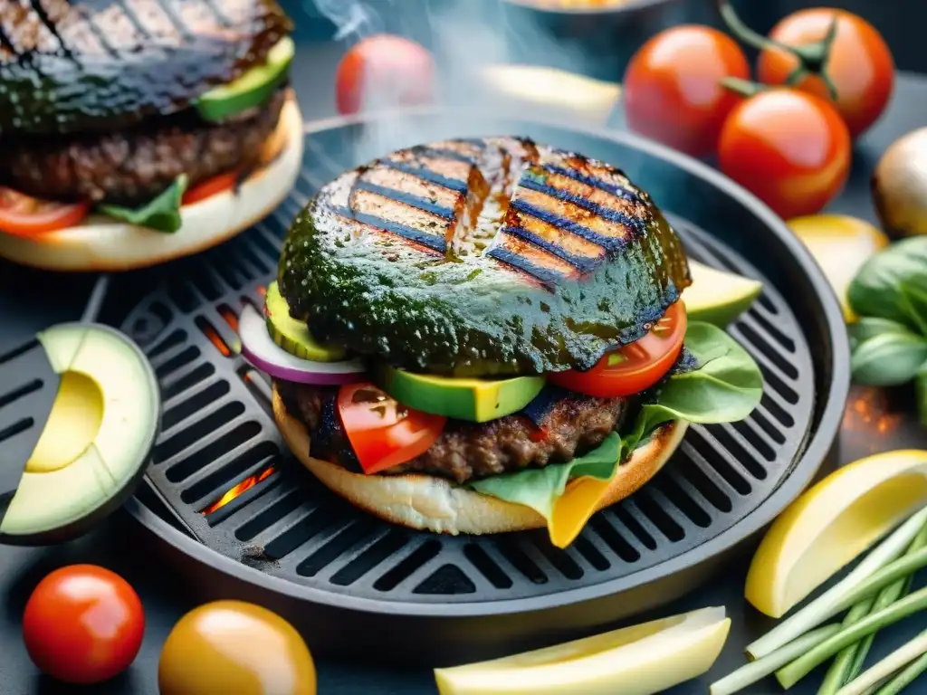 Una escena vibrante de hamburguesas vegetales asado uruguayo en una parrilla caliente y humeante, rodeada de ingredientes frescos y coloridos