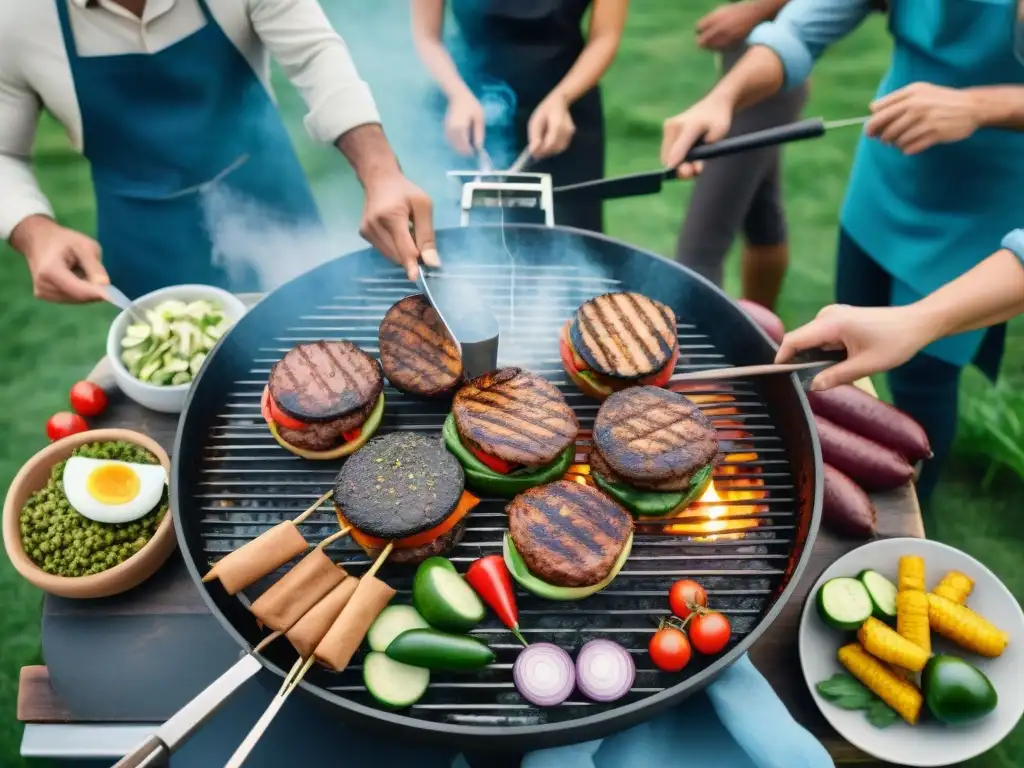 Escena vibrante de hamburguesas vegetales en asado uruguayo con amigos en un entorno natural inspirador