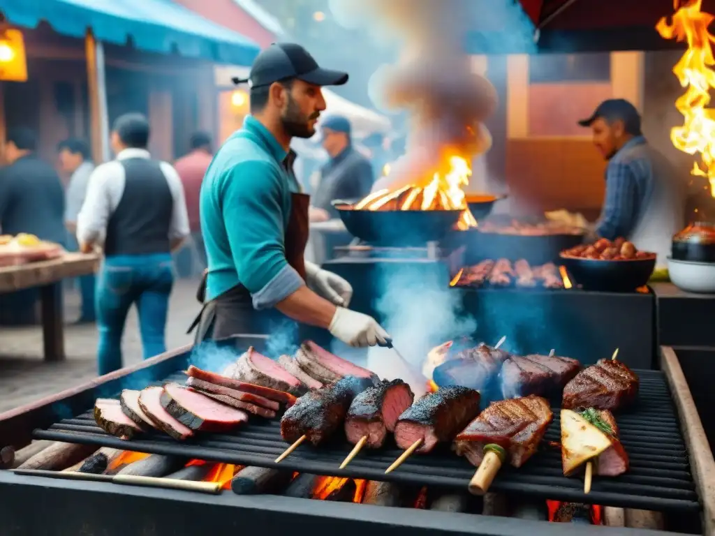 Escena vibrante de un mercado al aire libre en Uruguay con la importancia del asado uruguayo en pleno auge