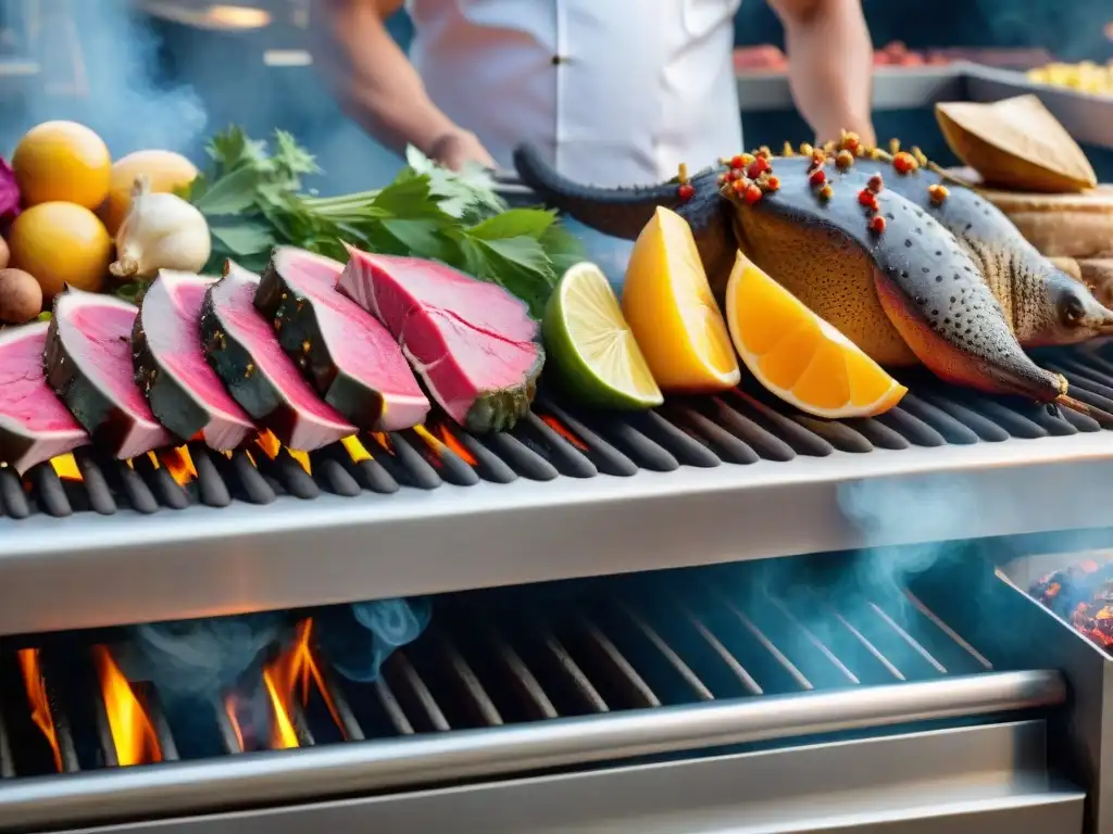 Escena vibrante en mercado con asado de carnes exóticas y chefs, tendencias asado carnes exóticas