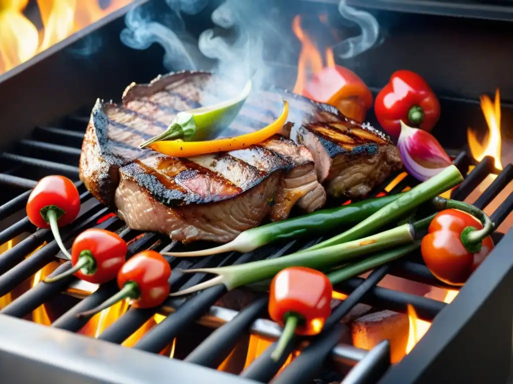 Una escena vibrante de una parrilla cargada de suculentas carnes, rodeada de pimientos, tomates y ajos, manejada con pinzas para asado recomendadas