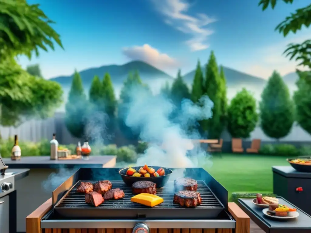 Una escena vibrante de parrillada en el patio con las mejores fuentes de calor para asado, amigos y familia reunidos