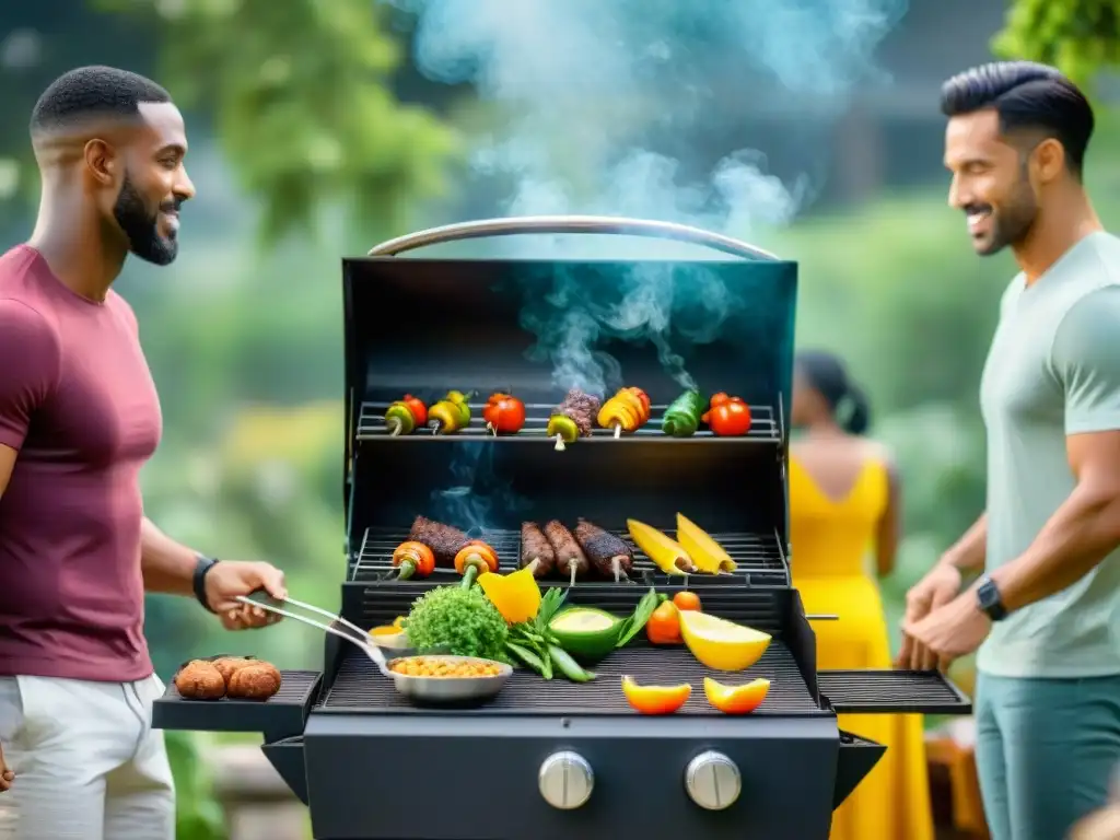 Escena vibrante de personas en un asado sostenible futuro parrilla, disfrutando alimentos éticos y plantbased en la naturaleza exuberante